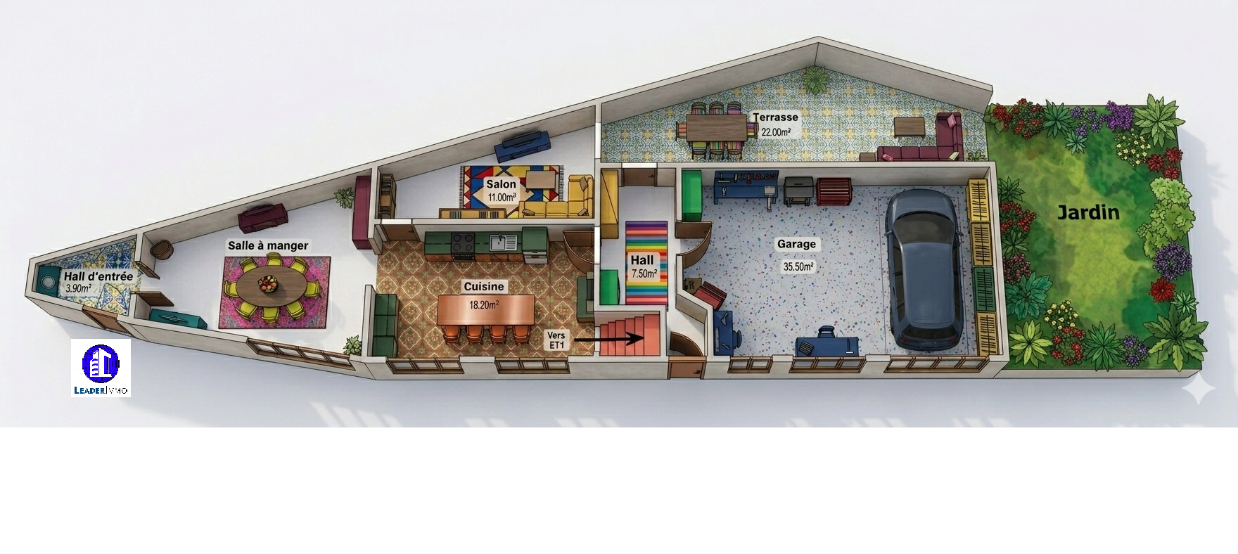 Maison deux chambres avec garage et jardin